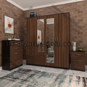 Front Walnut Side Black 4 Door Wardrobe Set With 2 Mirrors and 2 Bottom Drawers