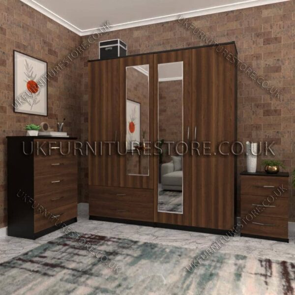 Front Walnut Side Black 4 Door Wardrobe Set With 2 Mirrors and 2 Bottom Drawers