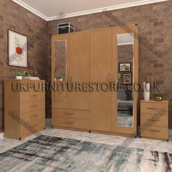 Beech 4 Door Wardrobe Set With 2 Mirrors and 2 Bottom Drawers