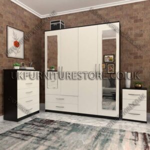 Front White Side Black 4 Door Wardrobe Set With 2 Mirrors and 2 Bottom Drawers