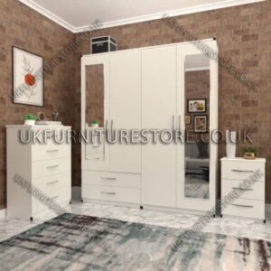 White 4 Door Wardrobe Set With 2 Mirrors and 2 Bottom Drawers