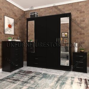 Black 4 Door Wardrobe Set With 2 Mirrors and 2 Bottom Drawers