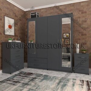 Gray 4 Door Wardrobe Set With 2 Mirrors and 2 Bottom Drawers