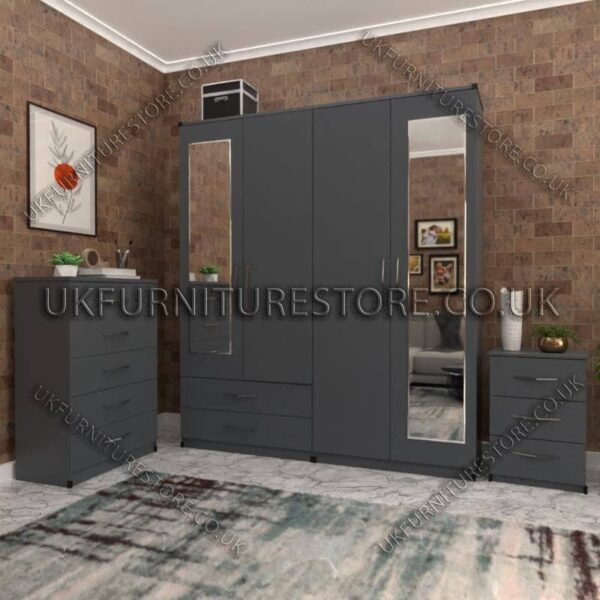 Gray 4 Door Wardrobe Set With 2 Mirrors and 2 Bottom Drawers