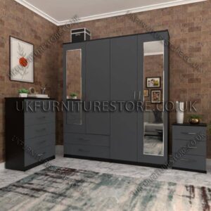 Front Gray Side Black 4 Door Wardrobe Set With 2 Mirrors and 2 Bottom Drawers