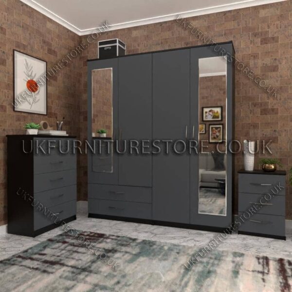 Front Gray Side Black 4 Door Wardrobe Set With 2 Mirrors and 2 Bottom Drawers
