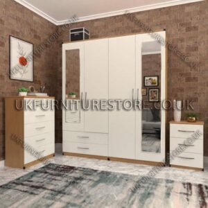 Front White Side Beech 4 Door Wardrobe Set With 2 Mirrors and 2 Bottom Drawers