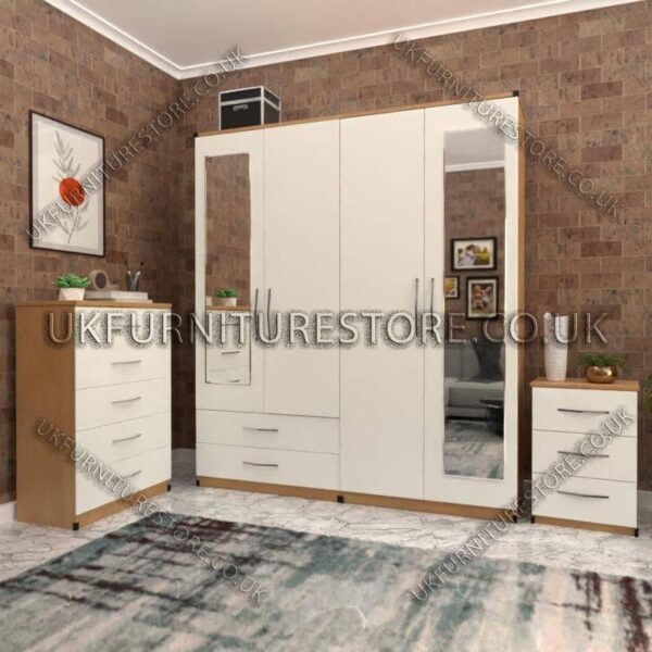 Front White Side Beech 4 Door Wardrobe Set With 2 Mirrors and 2 Bottom Drawers