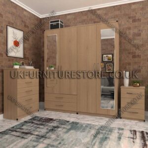 Oak 4 Door Wardrobe Set With 2 Mirrors and 2 Bottom Drawers