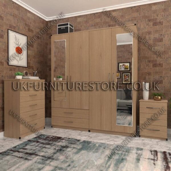 Oak 4 Door Wardrobe Set With 2 Mirrors and 2 Bottom Drawers