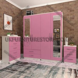 Front Pink Side White 4 Door Wardrobe Set With 2 Mirrors and 2 Bottom Drawers