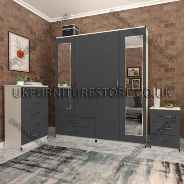 Front Gray Side White 4 Door Wardrobe Set With 2 Mirrors and 2 Bottom Drawers
