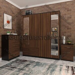 Front Walnut Side Black 4 Door Wardrobe Set With 2 Mirrors and 2 Bottom Drawers