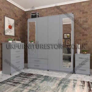 Silver 4 Door Wardrobe Set With 2 Mirrors and 2 Bottom Drawers