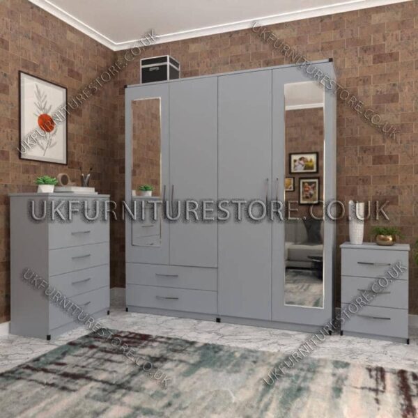 Silver 4 Door Wardrobe Set With 2 Mirrors and 2 Bottom Drawers