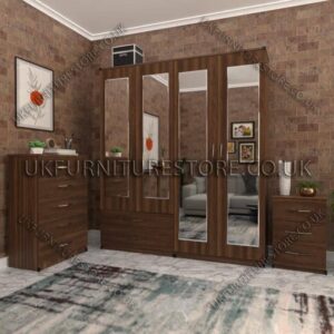 Walnut 4 Door Wardrobe Set With 4 Mirrors and 2 Bottom Drawers