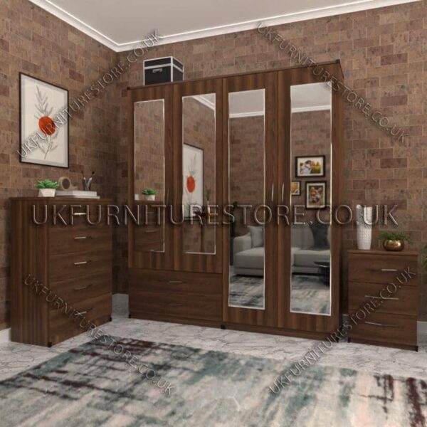 Walnut 4 Door Wardrobe Set With 4 Mirrors and 2 Bottom Drawers