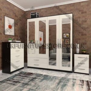 Front White Side Black 4 Door Wardrobe Set With 4 Mirrors and 2 Bottom Drawers