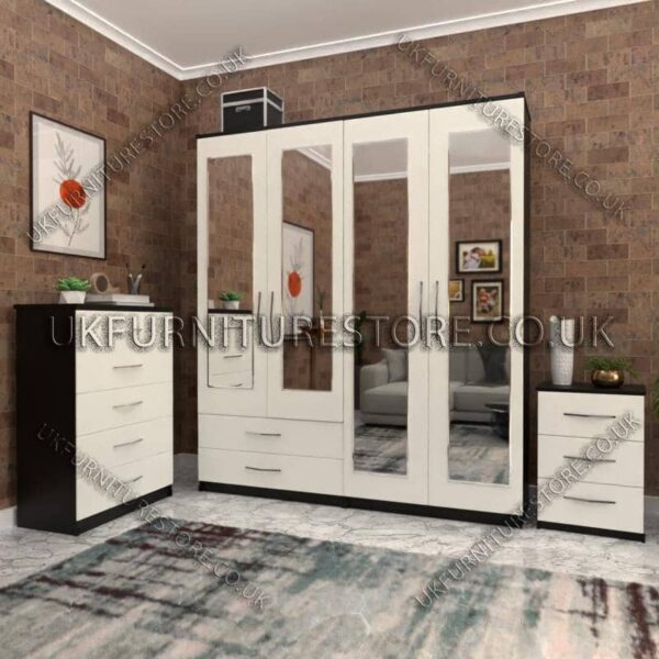 Front White Side Black 4 Door Wardrobe Set With 4 Mirrors and 2 Bottom Drawers