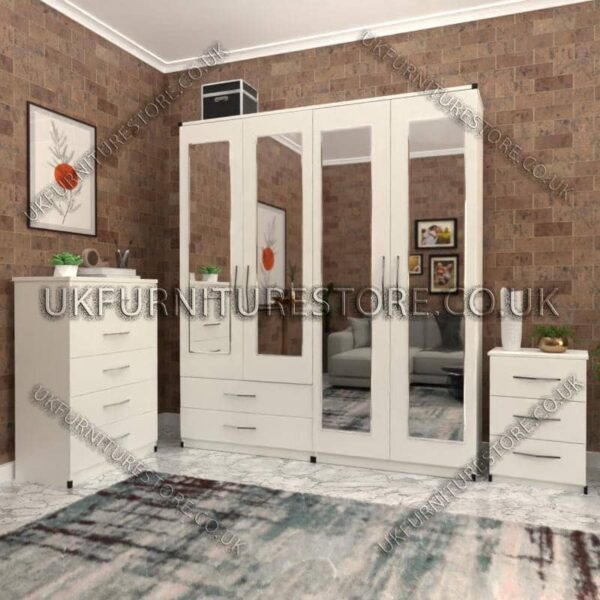 White 4 Door Wardrobe Set With 4 Mirrors and 2 Bottom Drawers