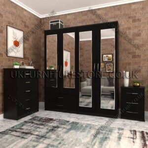 Black 4 Door Wardrobe Set With 4 Mirrors and 2 Bottom Drawers