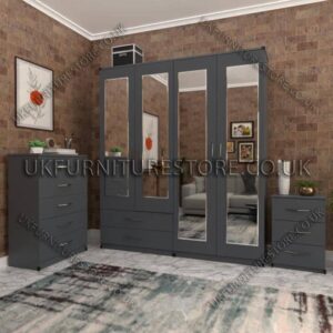 Gray 4 Door Wardrobe Set With 4 Mirrors and 2 Bottom Drawers