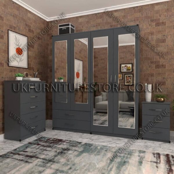 Gray 4 Door Wardrobe Set With 4 Mirrors and 2 Bottom Drawers