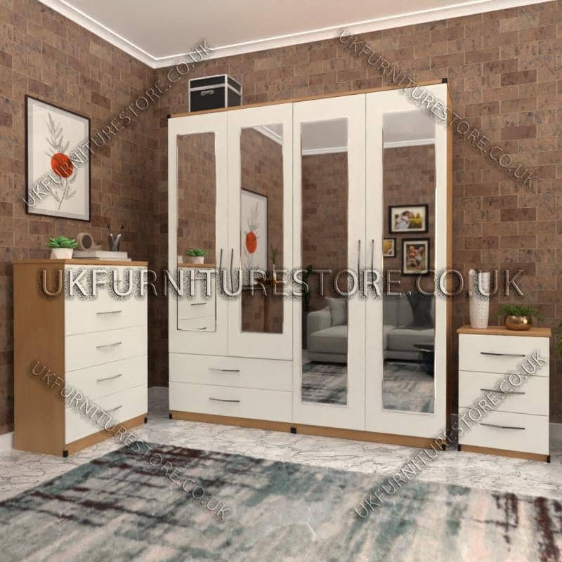 Front White Side Beech 4 Door Wardrobe Set With 4 Mirrors and 2 Bottom Drawers