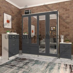 Front Gray Side White 4 Door Wardrobe Set With 4 Mirrors and 2 Bottom Drawers
