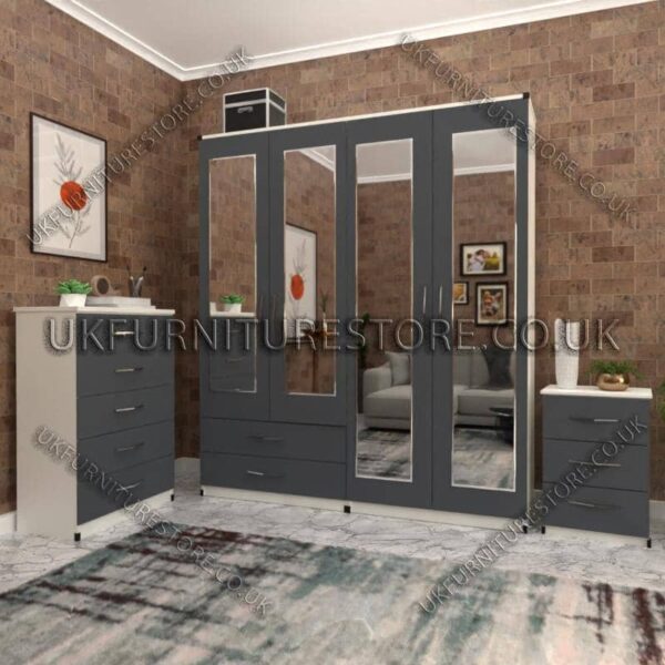 Front Gray Side White 4 Door Wardrobe Set With 4 Mirrors and 2 Bottom Drawers