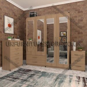 Oak 4 Door Wardrobe Set With 4 Mirrors and 2 Bottom Drawers