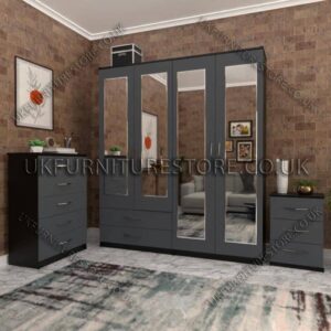 Front Gray Side Black 4 Door Wardrobe Set With 4 Mirrors and 2 Bottom Drawers