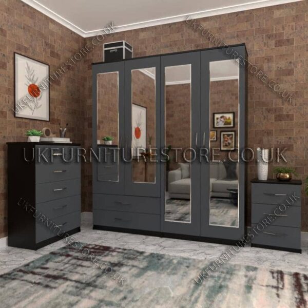 Front Gray Side Black 4 Door Wardrobe Set With 4 Mirrors and 2 Bottom Drawers