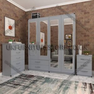 Silver 4 Door Wardrobe Set With 4 Mirrors and 2 Bottom Drawers
