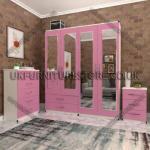 Front Pink Side White 4 Door Wardrobe Set With 4 Mirrors and 2 Bottom Drawers
