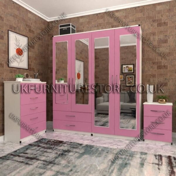 Front Pink Side White 4 Door Wardrobe Set With 4 Mirrors and 2 Bottom Drawers