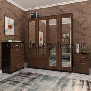 Front Walnut Side Black 4 Door Wardrobe Set With 4 Mirrors and 2 Bottom Drawers