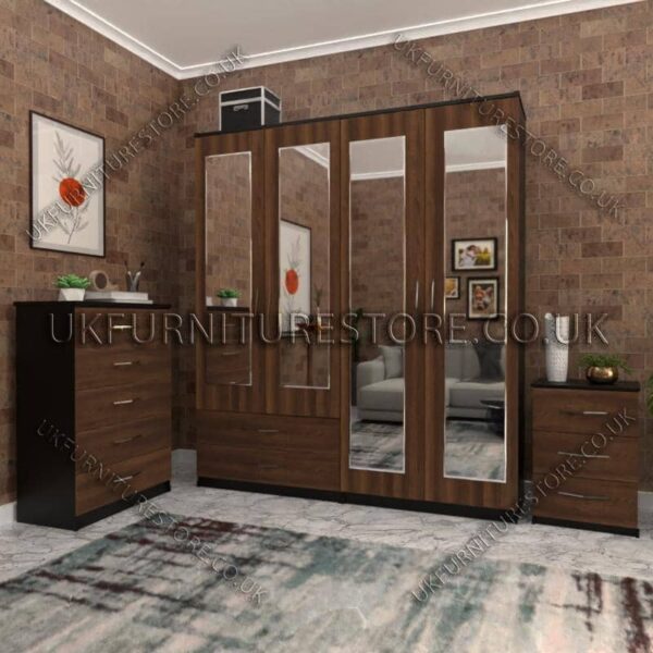 Front Walnut Side Black 4 Door Wardrobe Set With 4 Mirrors and 2 Bottom Drawers