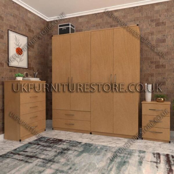 Beech 4 Door Wardrobe Set With 2 Bottom Drawers