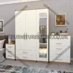 Front White Side Oak 3 Door Wardrobe Set With 1 Mirror and 2 Bottom Drawers