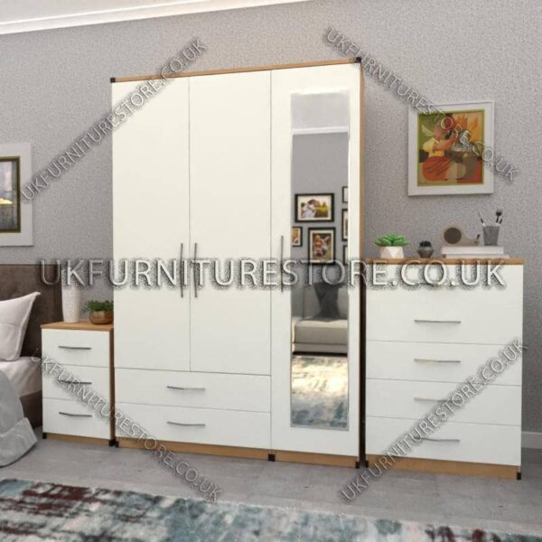 Front White Side Oak 3 Door Wardrobe Set With 1 Mirror and 2 Bottom Drawers
