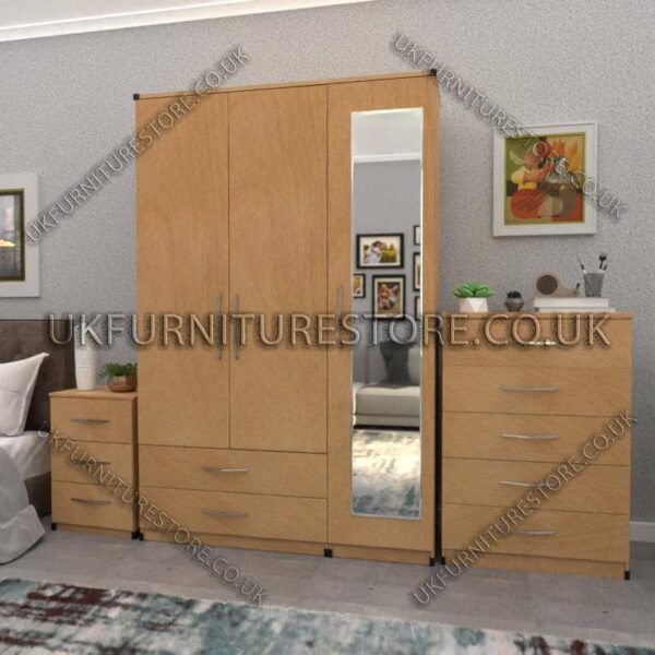 Beech 3 Door Wardrobe Set With 1 Mirror and 2 Bottom Drawers