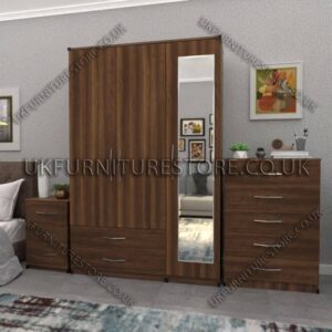 Walnut 3 Door Wardrobe Set With 1 Mirror and 2 Bottom Drawers