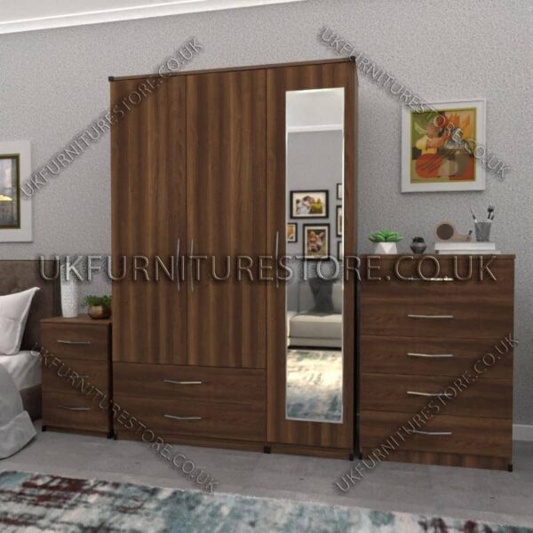 Walnut 3 Door Wardrobe Set With 1 Mirror and 2 Bottom Drawers