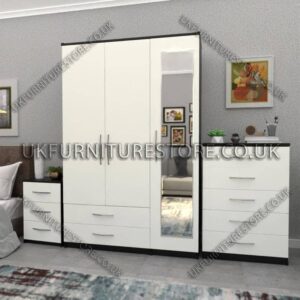 Front White Side Black 3 Door Wardrobe Set With 1 Mirror and 2 Bottom Drawers