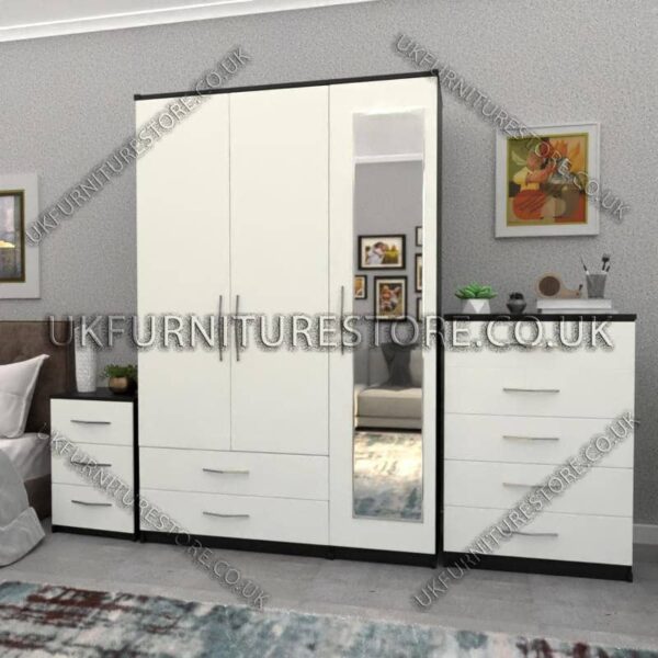 Front White Side Black 3 Door Wardrobe Set With 1 Mirror and 2 Bottom Drawers