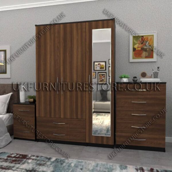 Front Walnut Side Black 3 Door Wardrobe Set With 1 Mirror and 2 Bottom Drawers
