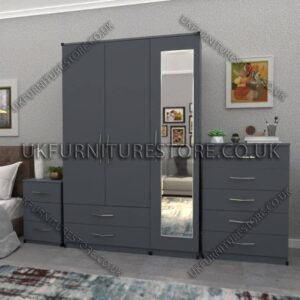 Gray 3 Door Wardrobe Set With 1 Mirror and 2 Bottom Drawers