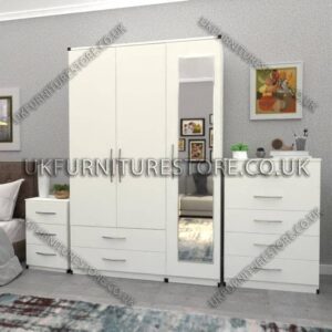 White 3 Door Wardrobe Set With 1 Mirror and 2 Bottom Drawers
