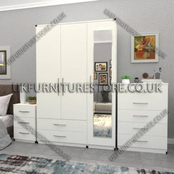 White 3 Door Wardrobe Set With 1 Mirror and 2 Bottom Drawers